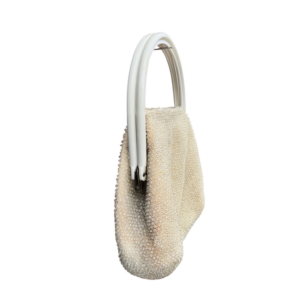 Vintage Cream Beaded Top Handle Evening Bag Mid Century Bridal Purse Off White - Picture 6 of 7